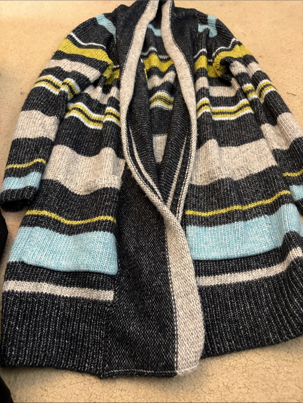 J. Jill Black, Light Blue & Gray Striped Knit Cardigan